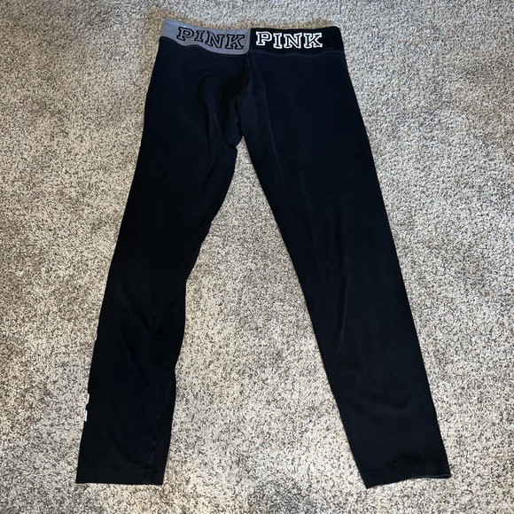VICTORIA'S SECRET PINK YOGA LEGGING WOMENS LARGE BLACK GRAY WAISTBAND - Picture 2 of 6